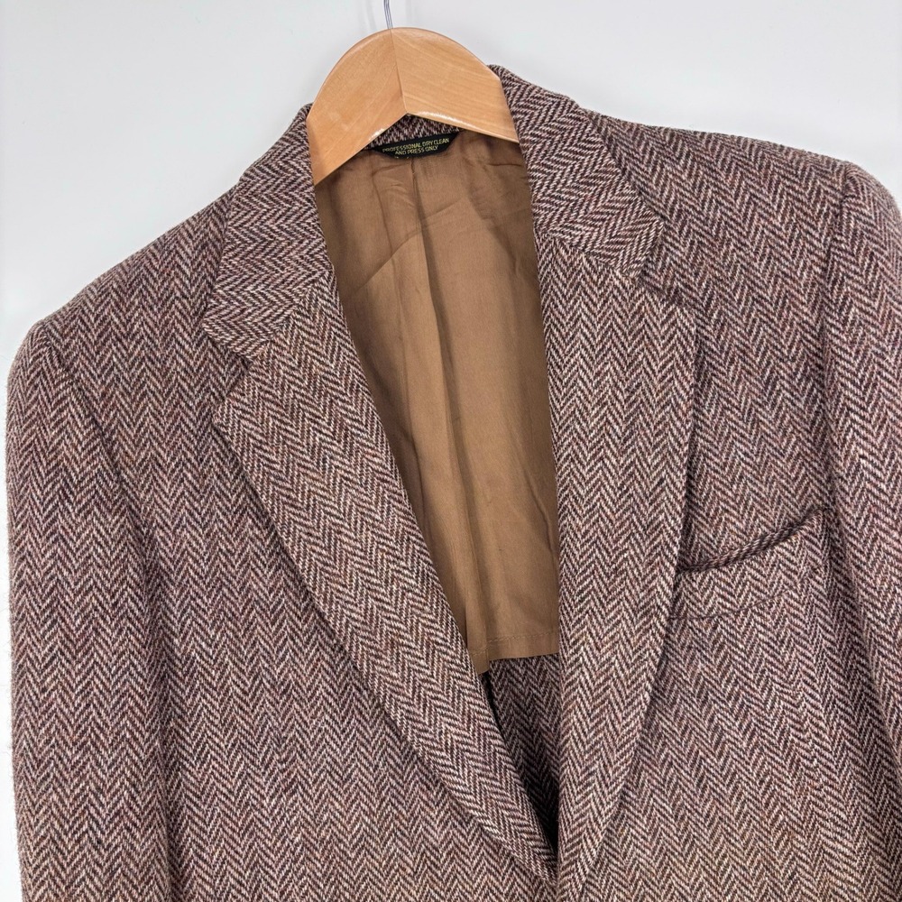 Vintage Harris Tweed Herringbone Wool Blazer Mens 44L (Measured) Brown Stafford
